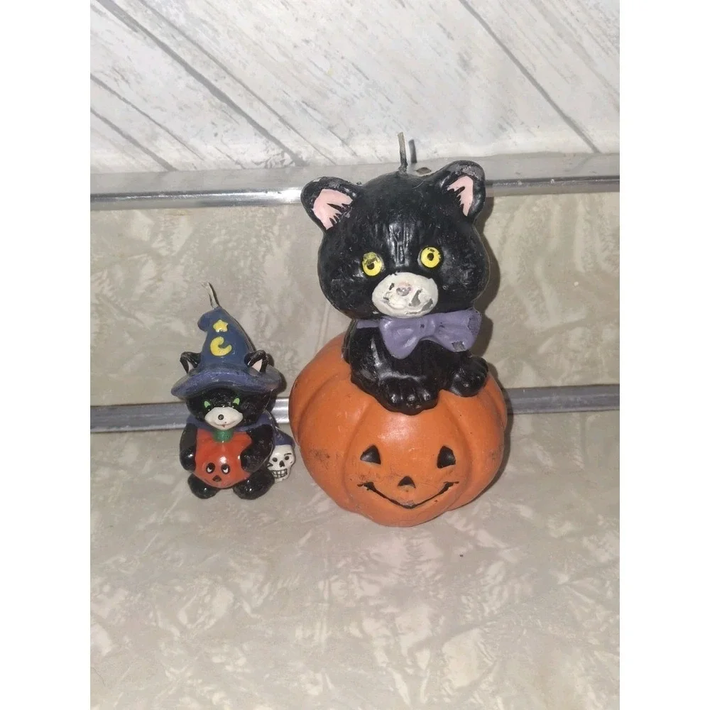Vintage Halloween Candle Lot Of 2 Black Cat Spooky Scary Witch Hat Decoration
